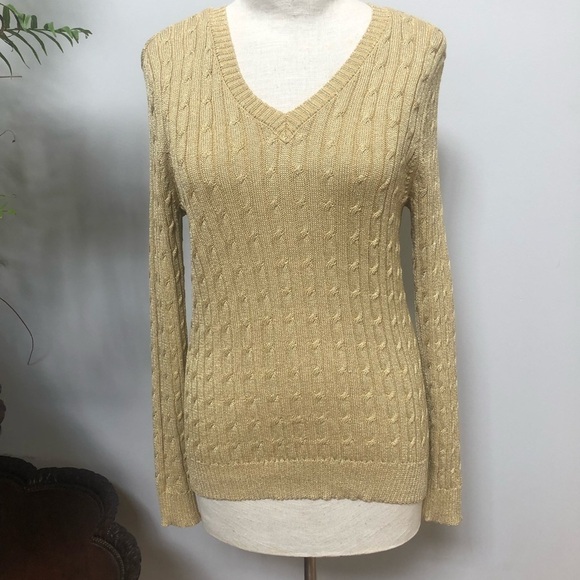 𝅺CHARTER‎ club Cable silk blend metallic gold V-neck sweater size small  #w1024 - Picture 1 of 9